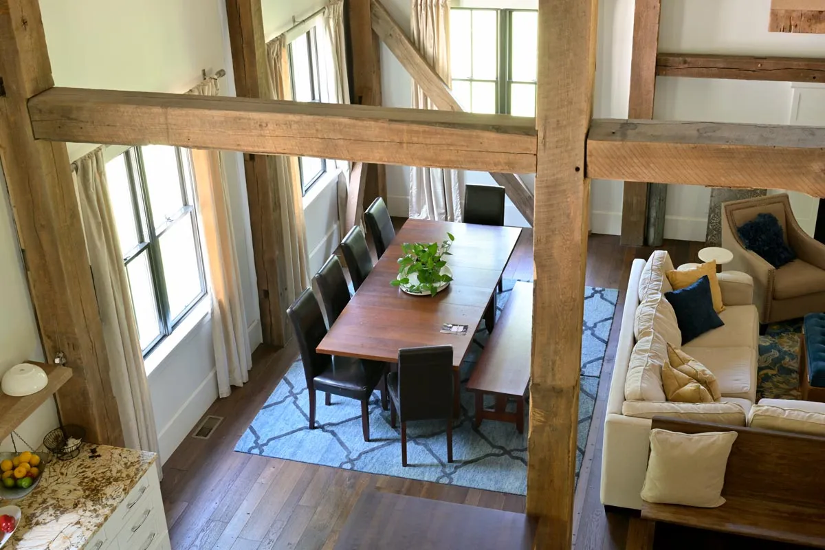 View from the loft over the dining and living areas of the Delaware, Ohio barn home