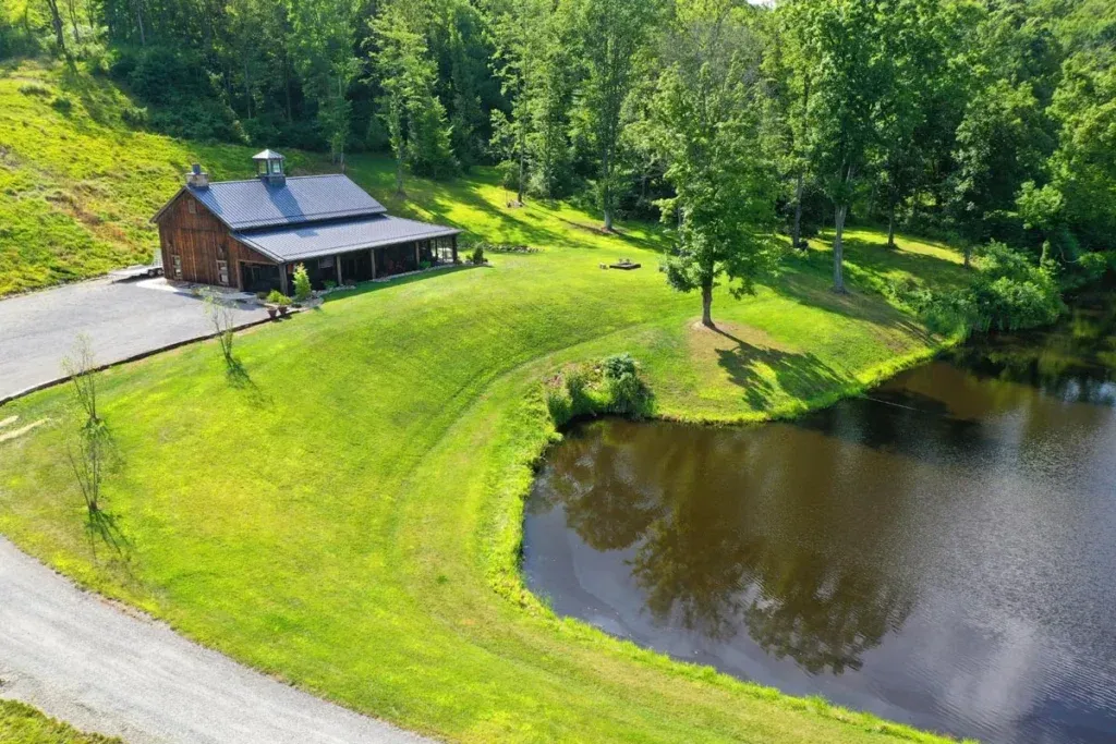 Aerial view of the Dover Party Barn and its 16-foot wraparound porch in Dover, Ohio