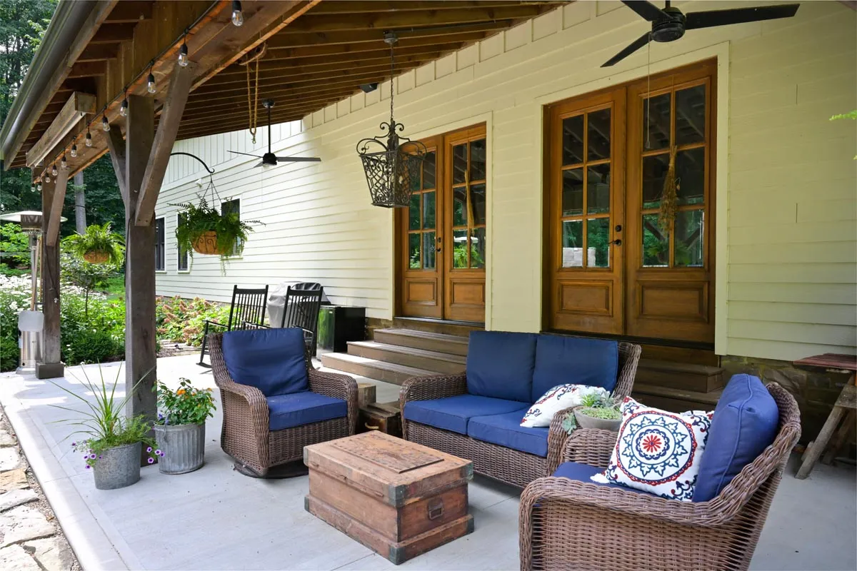 Covered porch with original slate roof on the Delaware, Ohio timber frame barn home