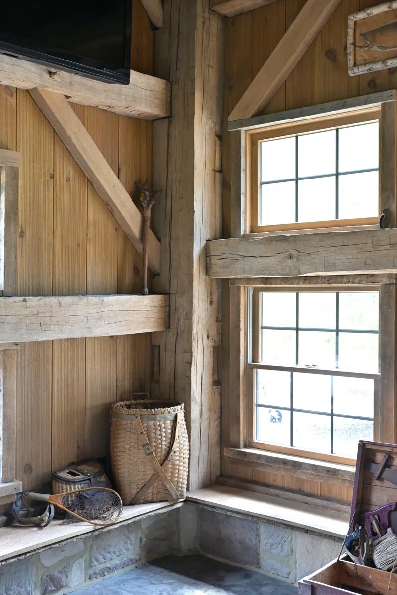 Sliding barn doors and reclaimed wood bar inside the Dover Party Barn in Ohio