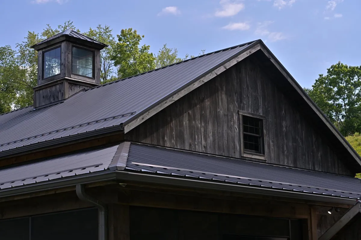 Evening view of the Dover Party Barn timber frame event space in Dover, Ohio