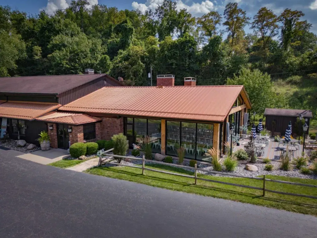 Open clear-span event space free of support posts inside Hidden Acres Lodge & Winery, Mingo Junction, Ohio